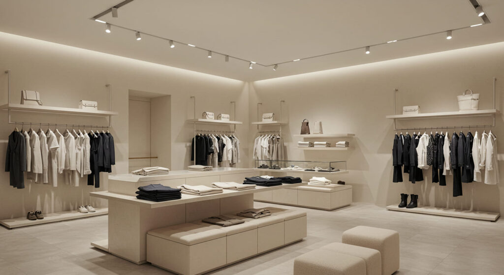 A minimalist yet elegant boutique display highlighting both folded and hanging garments, harmonious mix of textures and materials, open and airy layout with neutral color palette, premium finishes, no people.