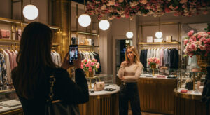 A glamorous, Instagrammable boutique interior with luxurious brass and marble fixtures, dramatic floral installation, and warm cinematic lighting, a fashionable young woman in a chic outfit posing confidently for a portrait while her stylish friend photographs her with a phone, shallow depth of field focusing on the subject while softly revealing elegant shopfitting details in the background, high fashion editorial photography, ultra high resolution