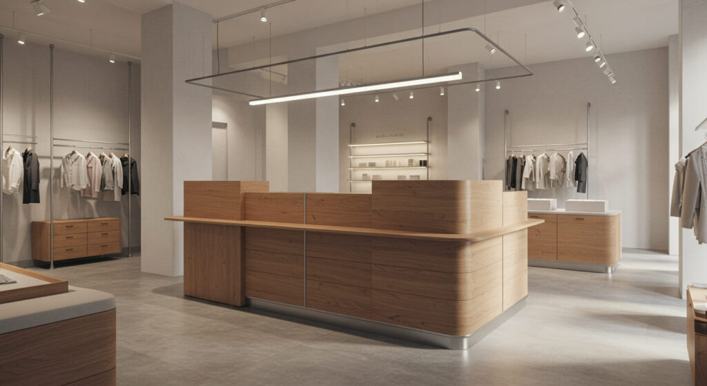 Bauhaus-inspired retail checkout counter, smooth wooden surfaces, integrated storage, subtle metal details, clean geometric form, functional and minimal, modern boutique setting, natural lighting, ultra realistic interior