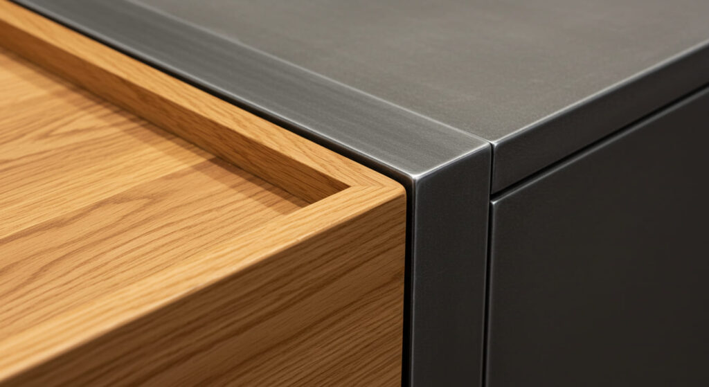 A close-up of two adjacent retail surfaces: one smooth, polished oak tray embedded in a cool, powder-coated steel frame. Use lighting to emphasize both the tactile and visual contrast between the warm wood grain and the cold industrial metal. The setup implies touch and interaction without any human presence.