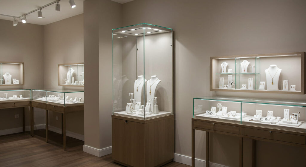 Tall glass upright vitrine jewelry showcase in a small boutique, slim footprint, vertical display with necklaces and rings, elegant lighting, placed near the entrance, creating grandeur in a compact space.