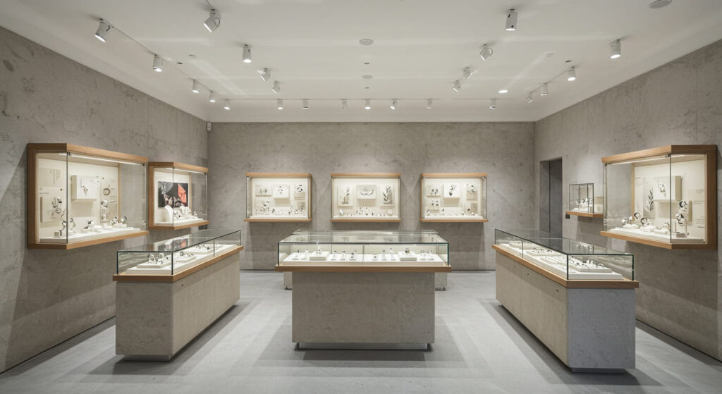 Modern wall-mounted jewelry showcases in a minimal boutique, small shop interior, elevated glass cases displaying luxury watches and rings, clean lines, airy space-saving design, Bauhaus-inspired aesthetics.
