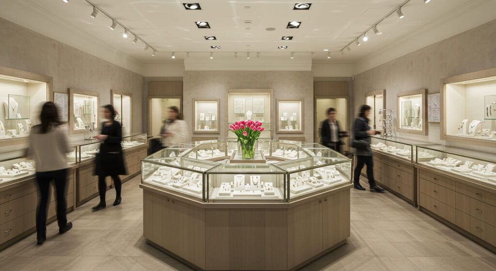 A central island jewelry showcase in a small boutique, freestanding glass case with fine jewelry inside, customers walking around it, boutique atmosphere, modern clean design, focal point effect.