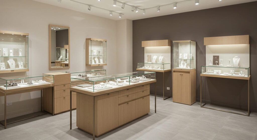 A small jewelry boutique interior featuring a mix of showcase types: counter display, tall vitrine, wall-mounted case, and one central island. Balanced layout, elegant modern retail design, jewelry displayed at different heights.