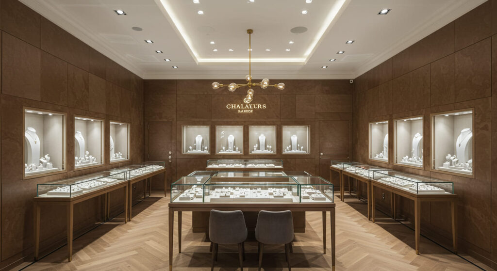 A luxury small jewelry store interior, harmonious combination of showcase styles, diamonds and rings glowing under subtle lighting, boutique feeling, minimalist modern design, focus on jewelry presentation.