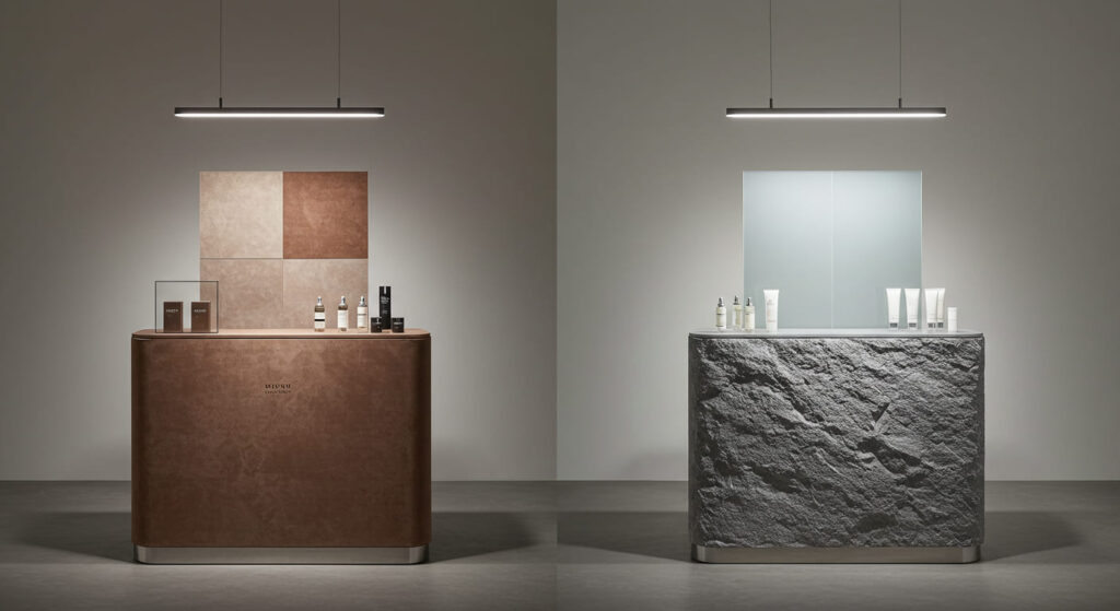 Two adjacent mini retail setups representing different brand expressions: one using soft suede and chrome elements (luxury fashion), the other using raw stone and frosted glass (skincare). Both setups are minimalist, letting the material pairing visually communicate brand values without any logos or text. Lighting is clean and neutral.