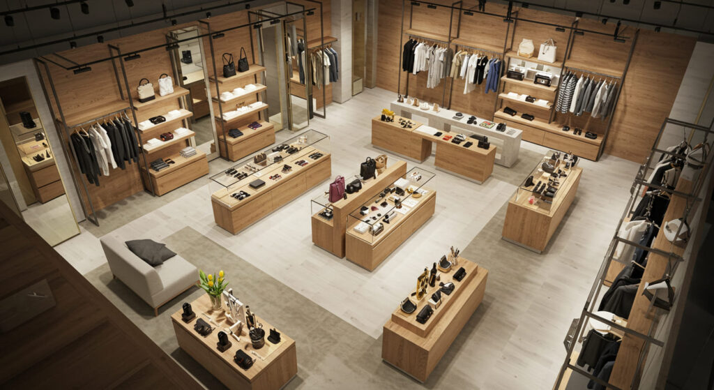 An overhead or wide-angle shot of a well-organized premium retail store where different materials—wood, metal, acrylic, stone—are used in harmony. The image should subtly highlight the purposeful use of material contrast, showing thoughtful zoning and product placement. Aesthetic is polished, modern, and brand-neutral.