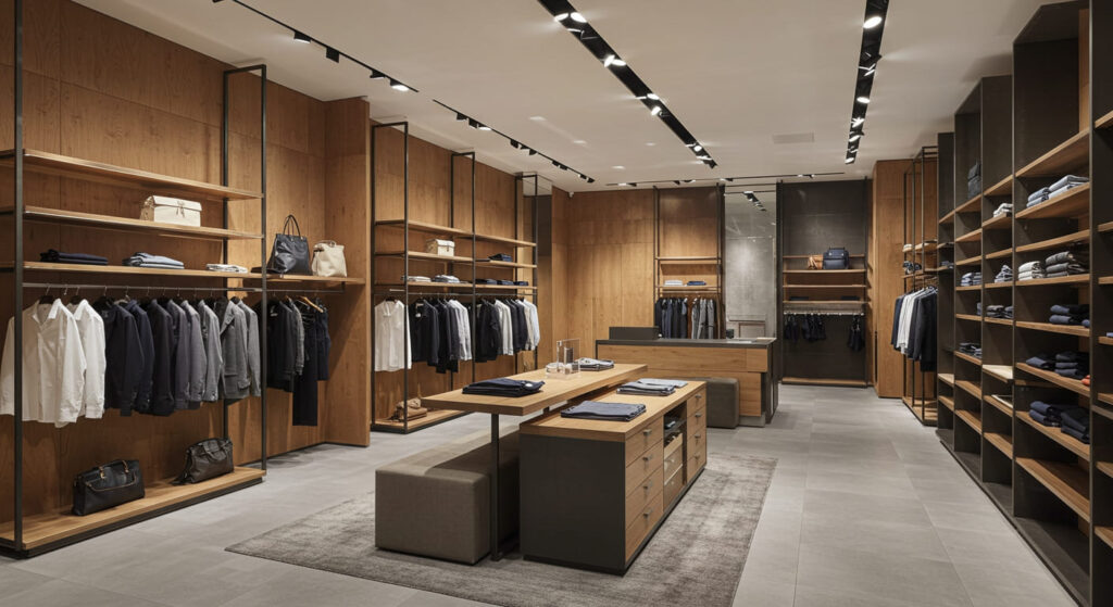 A fully completed modern retail clothing store interior showcasing contrasting materials in action — wood veneer wall panels paired with brushed metal fixtures, matte black shelving against high-gloss flooring, and fabric-wrapped display units beside polished acrylic counters. The space should reflect careful coordination of finishes, with subtle lighting emphasizing how different textures interact. The focus is on material contrast as a planned design outcome, not just decoration. The store should look realistic and premium, clearly showing that material contrast enhances both aesthetics and functional layout.