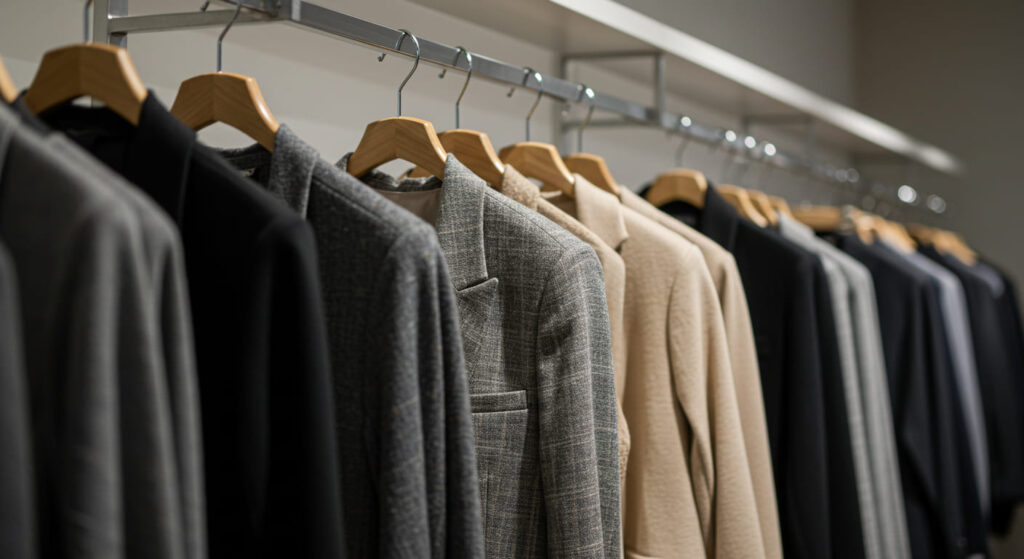 A close-up of a luxury retail rail displaying elegant dresses, tailored blazers, and pleated skirts on high-quality wooden hangers, garments spaced evenly, subtle fabric textures visible, soft neutral background, warm lighting, no people.