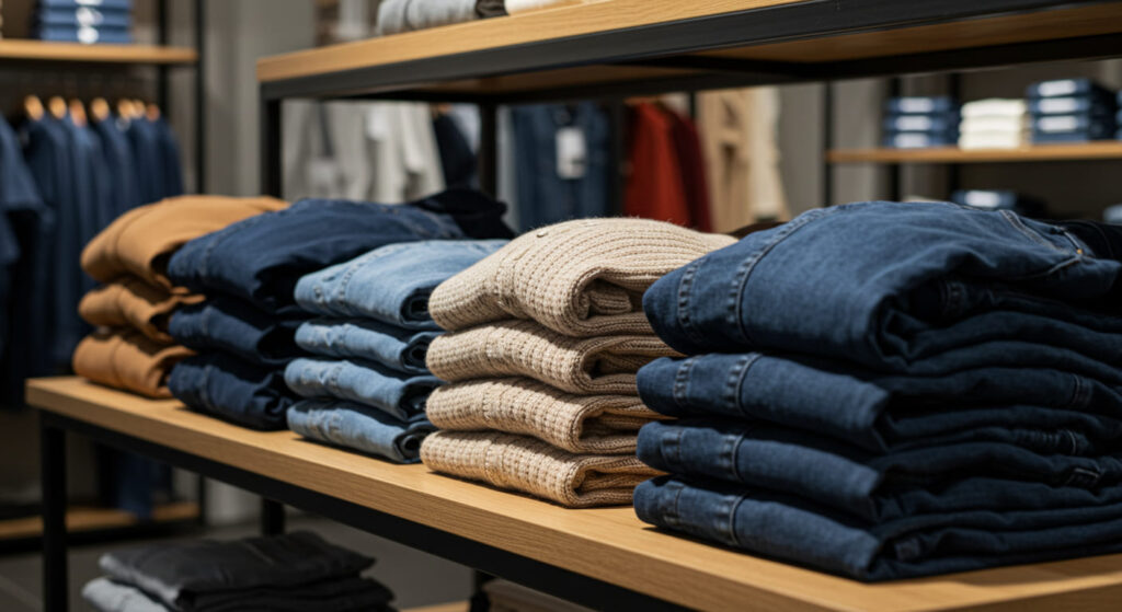 A premium display table with perfectly folded T-shirts, denim jeans, and cashmere sweaters arranged by color and size, modern boutique setting with wooden shelving, soft downlighting, fabric details visible, no people.