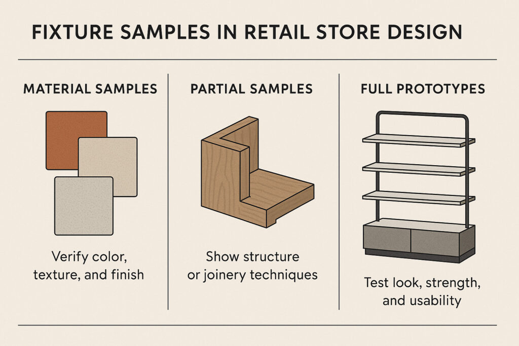 three types of retail fixture samples: material samples (for verifying color, texture, and finish), partial samples (showing structure or joinery techniques), and full prototypes (simulating the final fixture’s look, strength, and usability).