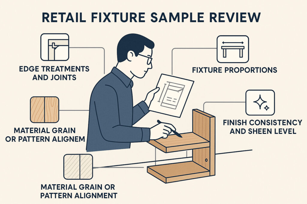 a retail fixture sample being checked against approved drawings and specifications, highlighting details such as edge treatments, proportions, finish consistency, hardware placement, and material pattern alignment.