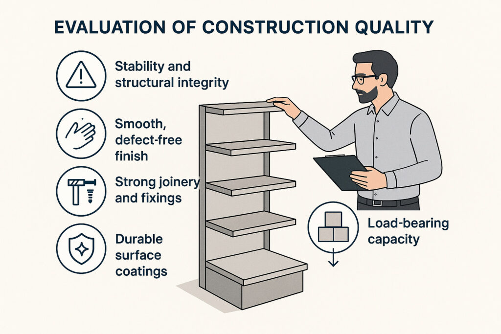 the evaluation of retail fixture construction quality, with callouts for stability, smooth finish, strong joinery, durable coatings, and load-bearing capacity under stress tests.
