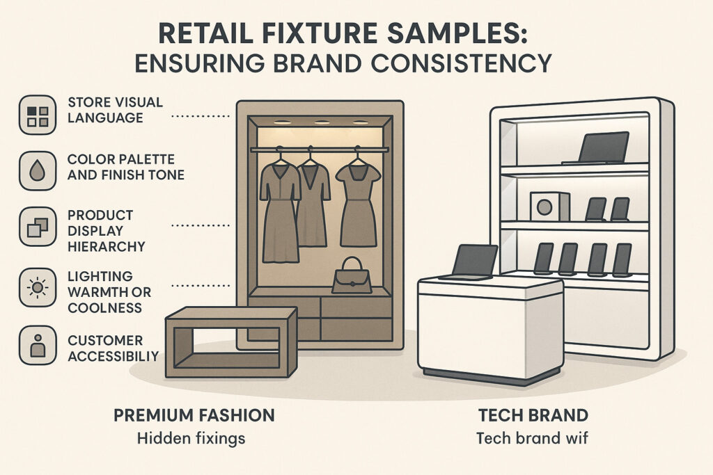 how retail fixture samples ensure brand consistency, with callouts for visual language, color palette, product display hierarchy, lighting, and accessibility, illustrated by examples of a fashion boutique versus a tech brand.