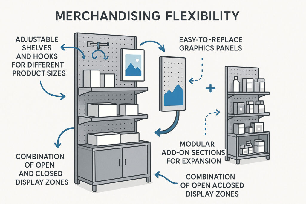 Retail fixture infographic showing adjustable shelves, replaceable graphics, modular sections, and open/closed display zones with arrows indicating flexibility.