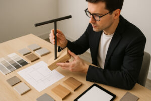 Retail designer reviewing a custom shopfitting fixture sample on a table with material swatches, technical drawings, and a tablet, inspecting finishes and construction details in a bright, professional workshop.