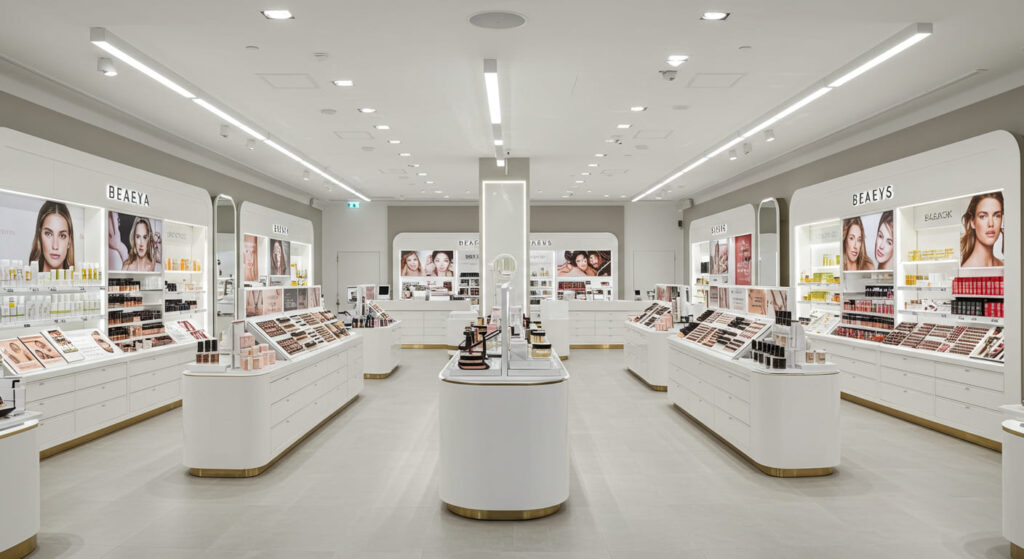 Modern beauty retail store interior with open shelves, counters, and tester displays under bright lighting.