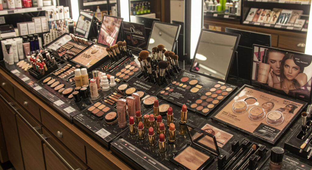 Beauty store tester area with makeup samples, mirrors, and clean counter surfaces for customer trial