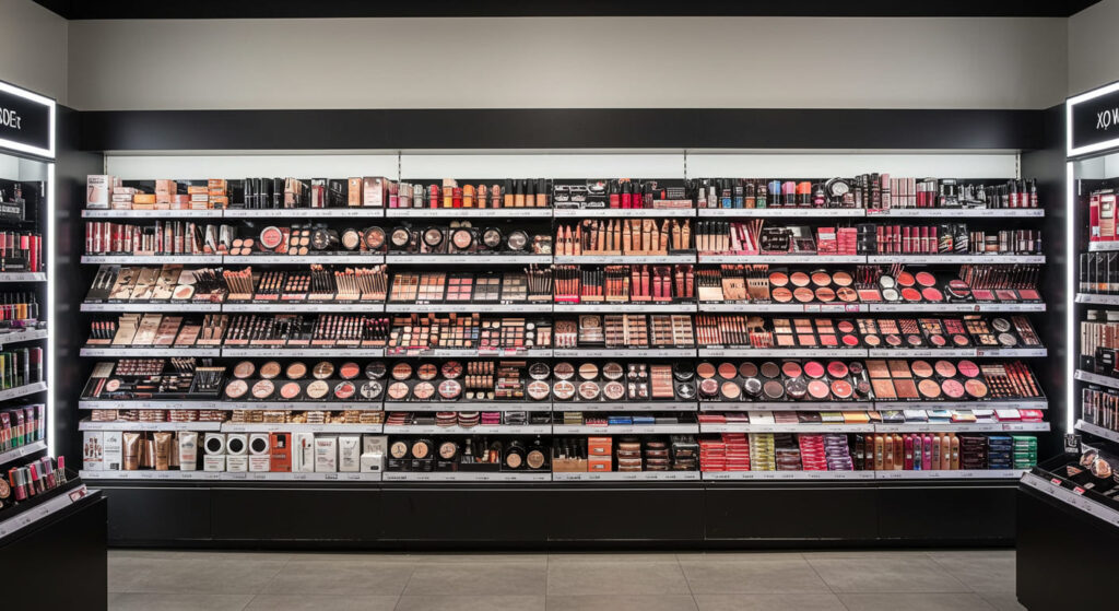 Open-shelf beauty display featuring colorful makeup products arranged neatly for easy customer browsing.