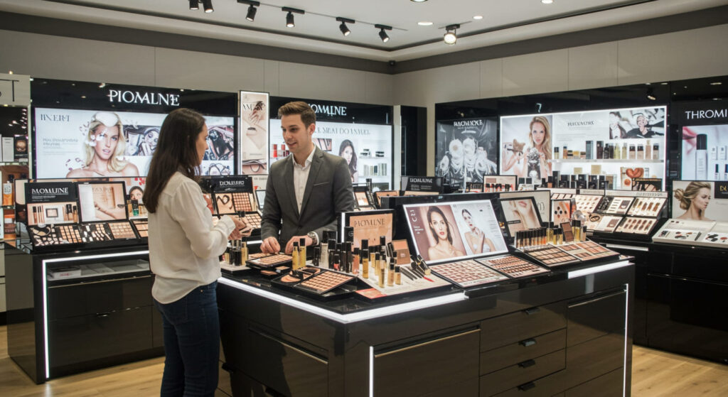 Luxury beauty counter with high glossy, premium cosmetics, and staff assisting a customer.