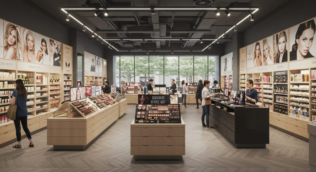 Hybrid beauty retail layout with both open shelves and counters, including a central tester station.