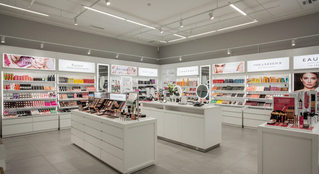 Modern beauty store with tester area, open shelves, and luxury counters under elegant lighting.