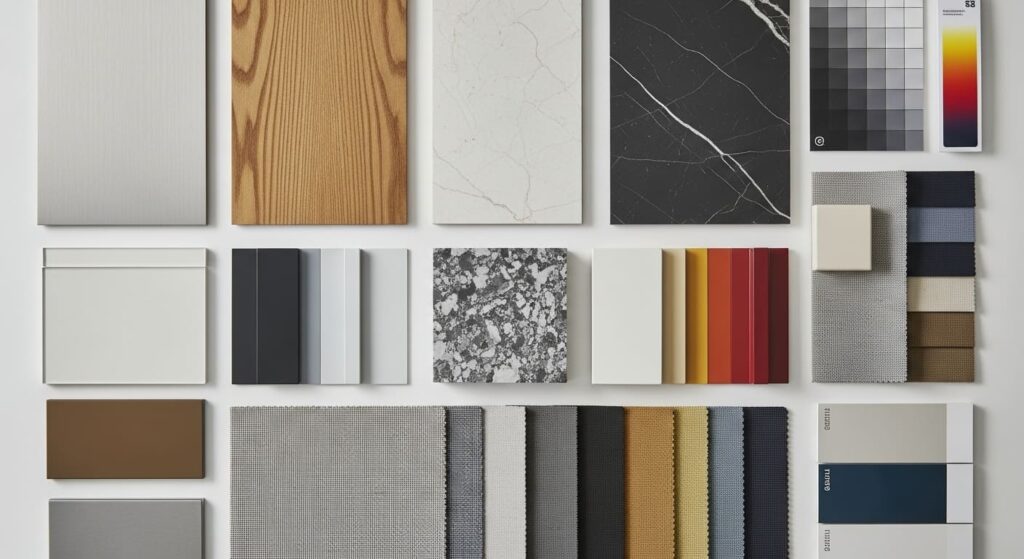 Various material samples neatly arranged on a tabletop.